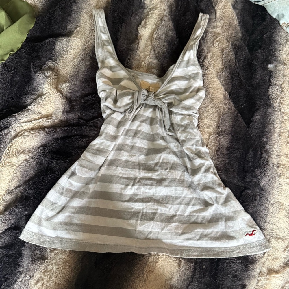 Hollister Gray and White Striped Tank Dress with Tie Front